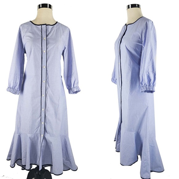 J. Crew blue high low button front ruffled bottom midi shirt dress, 4 S - Picture 1 of 2